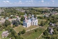 aerial view over othodox or catholic church in countryside Royalty Free Stock Photo
