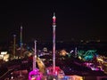 Aerial view over park Wurstelprater near Wiener Prater in Vienna, Austria with illuminated amusement rides. Royalty Free Stock Photo