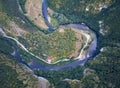 Aerial view over a river bend of Crisul Repede river in Suncuius, Transylvania, Romania