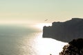 Aerial view over Rocks, cliffs, island and sea water during sunset from the view point cap andritxol in Camp de Mar