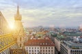 Aerial view over the rooftops of Vienna city from the north tower of St. Stephen`s Cathedral with the cathedral`s famous ornatel Royalty Free Stock Photo