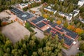 Aerial view over the school building during the gold autumn