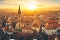 Aerial view over Sibiu city in Transylvania, Romania, during an amazing sunset Royalty Free Stock Photo