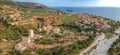 Aerial view over Skardamoula Old Kardamili is a small collection of abandoned fortified tower-houses clustered around a