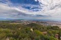 Aerial view over the skyline of Barcelona, Spain. Panoramic wide angle view from the summit Mount Tibidabo. The mediterranean Sea Royalty Free Stock Photo