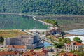 Aerial view over the small town of Ston, the Fortress of Saint Jerome and the historic salt pans. Ston, Dubrovnik, Croatia Royalty Free Stock Photo