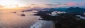 Aerial view over Tofino Pacific Rim national park with drone from above Cox Bay Vancouver Island Royalty Free Stock Photo