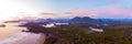 Aerial view over Tofino Pacific Rim national park with drone from above Cox Bay Vancouver Island Royalty Free Stock Photo