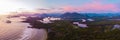 Aerial view over Tofino Pacific Rim national park with drone from above Cox Bay Vancouver Island Royalty Free Stock Photo