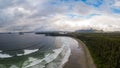 Aerial view over Tofino Pacific Rim national park with drone from above Cox Bay Vancouver Island Royalty Free Stock Photo