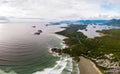 Aerial view over Tofino Pacific Rim national park with drone from above Cox Bay Vancouver Island Royalty Free Stock Photo