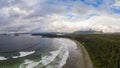 Aerial view over Tofino Pacific Rim national park with drone from above Cox Bay Vancouver Island Royalty Free Stock Photo