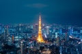 Aerial view over Tokyo tower and Tokyo cityscape view from Roppongi Hills at night Royalty Free Stock Photo