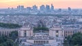 Aerial view over Trocadero day to night timelapse with the Palais de Chaillot seen from the Eiffel Tower in Paris Royalty Free Stock Photo