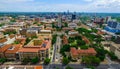 Aerial View over UT Tower and the Austin Texas Skyline Cityscape in a nice Summer Day