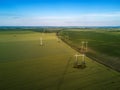 Aerial view of overhead electricity power line pylons Royalty Free Stock Photo