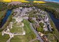 Aerial View and Overhead image of Warkworth Castle and Village , Northumberland UK