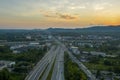 Aerial view of overpass at sunrise