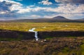 Aerial view of the Oxarafoss waterfall in Iceland