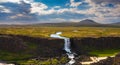 Aerial view of the Oxarafoss waterfall with tourists in Iceland Royalty Free Stock Photo