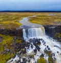 Aerial view of the Oxarafoss waterfalls in Iceland