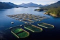 Aerial view of oyster farm in Vancouver, British Columbia, Canada, A salmon fish farm in ocean water near the coast of Streymay Royalty Free Stock Photo