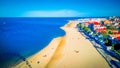 Aerial view of oyster farms in Arcachon, France from a Ferris wheel on a sunny day