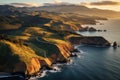 Aerial view of the Pacific Coast of California at sunset, USA, Aerial view of Marin Headlands and the Golden Gate Bay at sunset, Royalty Free Stock Photo