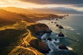 Aerial view of the Pacific Ocean at sunset, California, USA, Aerial view of Marin Headlands and the Golden Gate Bay at sunset, AI Royalty Free Stock Photo