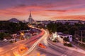 Aerial view pagoda at Wat Sothon Wararam in sunset time, Chachoengsao Province, Thailand