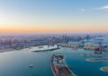 Aerial view of The Palm Jumeirah Island, Dubai Downtown skyline, United Arab Emirates or UAE. Financial district and business area Royalty Free Stock Photo