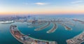 Aerial view of The Palm Jumeirah Island, Dubai Downtown skyline, United Arab Emirates or UAE. Financial district and business area Royalty Free Stock Photo