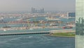 Aerial view of Palm Jumeirah man made island from JBR district before sunset timelapse. Dubai, UAE. Royalty Free Stock Photo