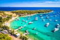 Aerial view of Palmizana bay, summer leisure sailing cove and turquoise beach on Pakleni Otoci islands