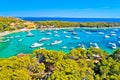 Aerial view of Palmizana, sailing cove and turquoise beach on Pakleni Otoci islands