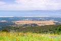 Aerial view of Palo Alto, Stanford University, Redwood City and Menlo Park, part of Silicon Valley; wildflower field visible in Royalty Free Stock Photo