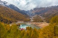 Aerial view of Palu Lake below Piz Palu glacier in Siwss Alps, Canton of Grisons, Switzerland