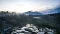 Aerial view of panorama of beautiful countryside of Bukittinggi. wonderful springtime landscape in mountains. grassy field and