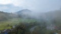 Aerial view of panorama of beautiful countryside of Bukittinggi. wonderful springtime landscape in mountains. grassy field and