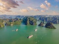 Aerial view panorama of floating fishing village and rock island, Halong Bay, Vietnam, Southeast Asia. UNESCO World Royalty Free Stock Photo