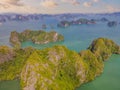 Aerial view panorama of floating fishing village and rock island, Halong Bay, Vietnam, Southeast Asia. UNESCO World Royalty Free Stock Photo