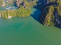 Aerial view panorama of floating fishing village and rock island, Halong Bay, Vietnam, Southeast Asia. UNESCO World Royalty Free Stock Photo