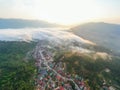Aerial view of panorama landscape at the hill town in Sapa city, Vietnam with the sunny light and sunset, mountain view in the