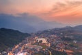 Aerial view of panorama landscape at the hill town in Sapa city, Vietnam with the sunny light and sunset, mountain view in the