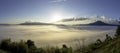 Aerial view panorama landscape sunrise foggy in mountains of Khao Kho Thailand and landmark for watching mist on morning time. Royalty Free Stock Photo