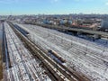 Aerial view panorama of a major railway station in the big city. Crossing of railway tracks. the picture from the drone Royalty Free Stock Photo