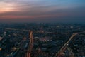 Aerial view panorama of night city Moscow, Russia. Urban cityscape after sunset with illuminated streets and building Royalty Free Stock Photo