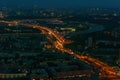 Aerial view panorama of night city Moscow, Russia. Urban cityscape after sunset with illuminated streets and building Royalty Free Stock Photo