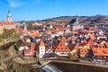 Aerial view panorama of the old Town of Cesky Krumlov in South Bohemia, Czech Republic with blue sky. UNESCO World heritage Site a