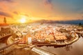 Aerial view panorama of the old Town of Cesky Krumlov in South Bohemia, Czech Republic during sunset. World heritage Site and